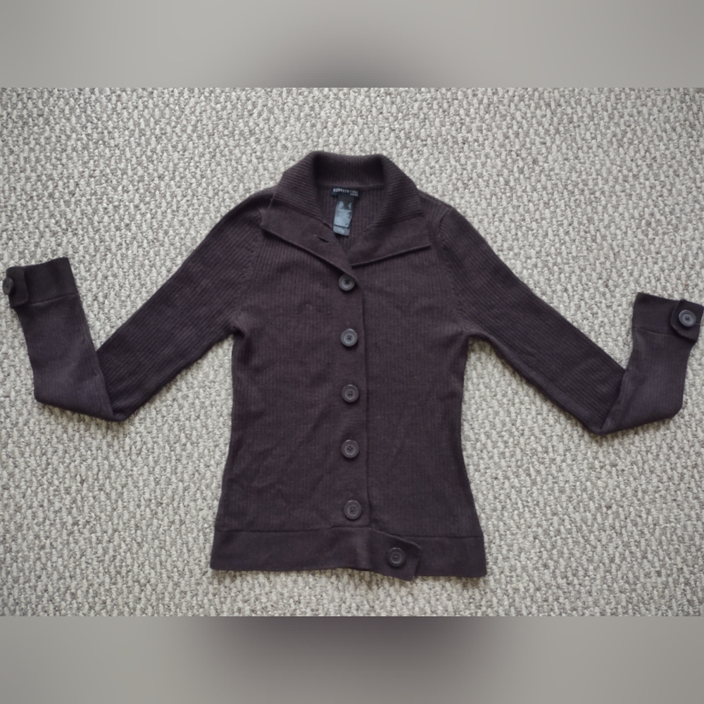 KENNETH COLE NY LADIES WOOL CARDIGAN DARK BROWN RIBBED WITH BANDS SMALL